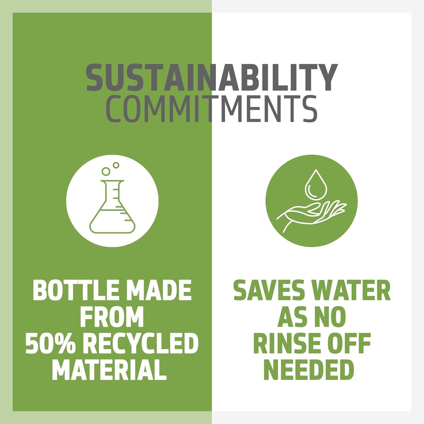 Sustainability commitments graphic with icons and text on a green and white background