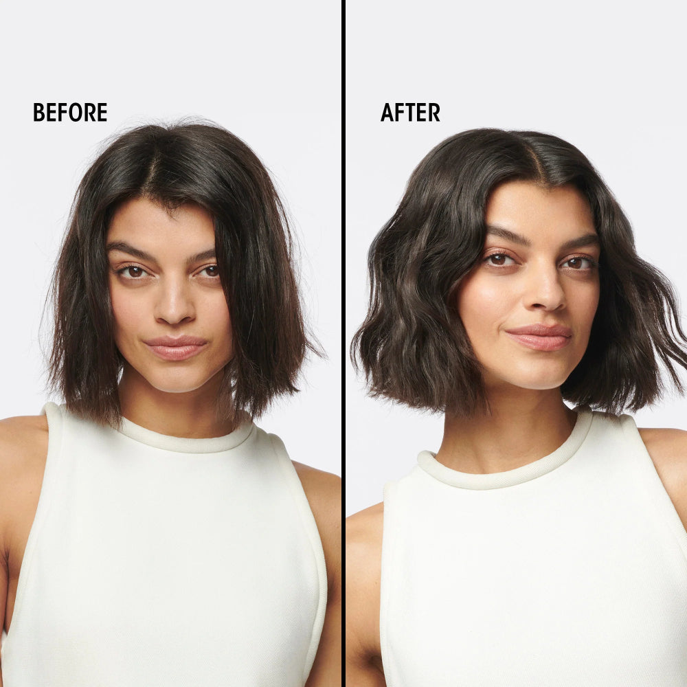Before and after hair results showing smoother, fuller, healthier-looking hair with the Oribe Hair Alchemy strengthening hair care routine