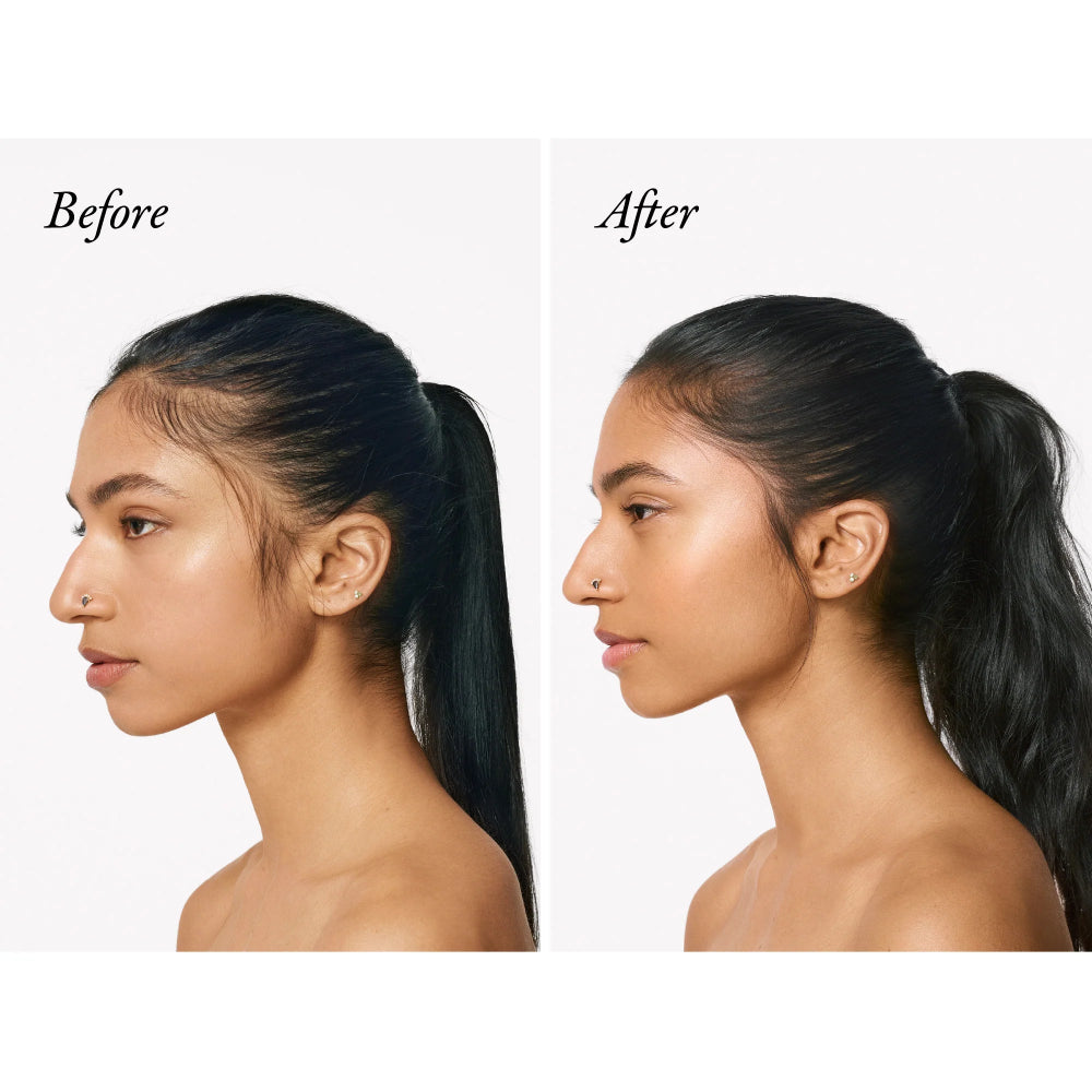 before and after hair results showing improved density and smoother fuller ponytail