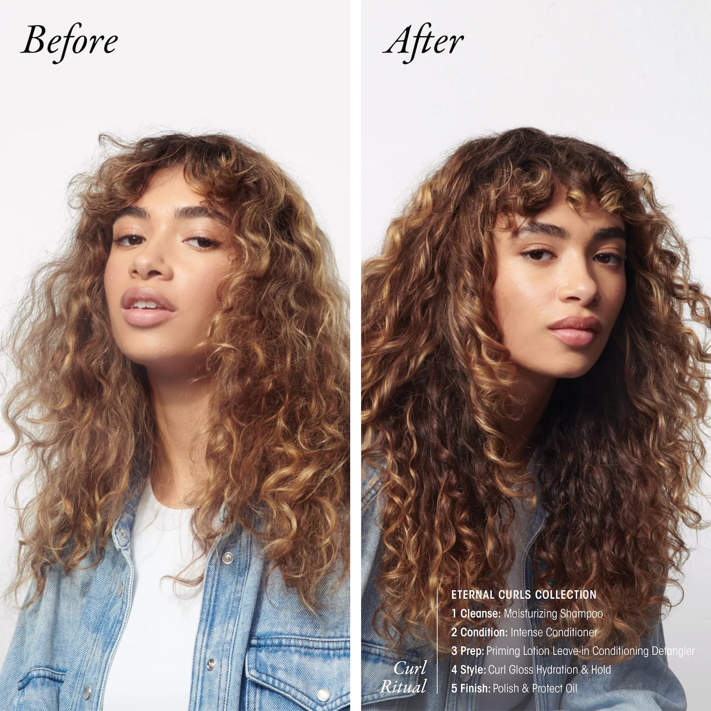 Before and after comparison of a woman's hair with Oribe Eternal curls oil