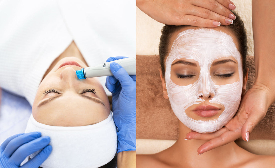 side by side of two women. One receiving a Hydrafacial the other a traditional facial service. 