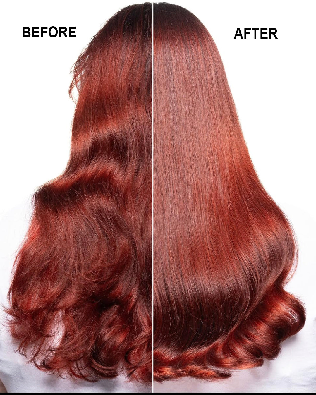 Before and after comparison of long wavy hair color, showing a reddish-brown tone on the left and a brighter coppery auburn tone on the right, with the words BEFORE and AFTER at the top.