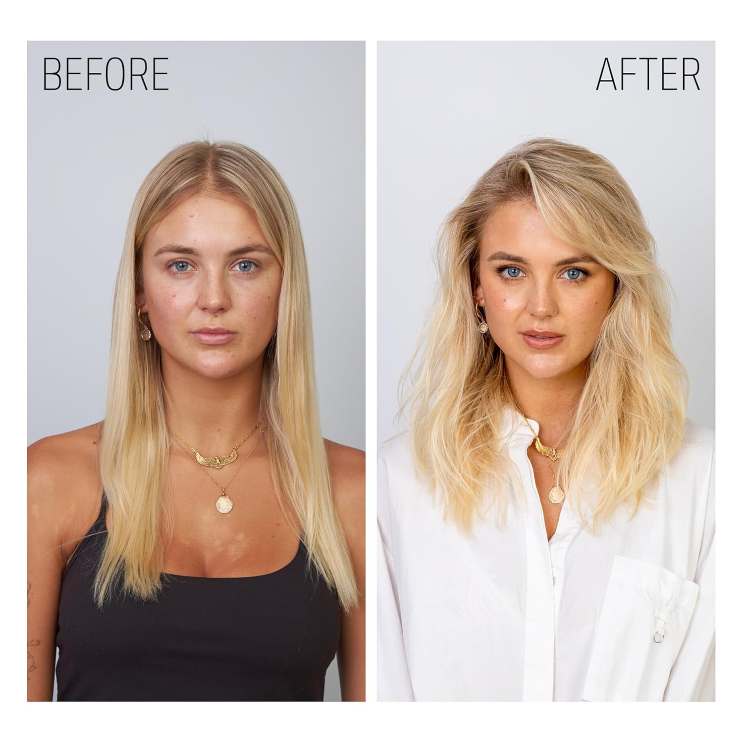 Before and after results showing fuller, more voluminous hair after using Goldwell StyleSign Bodifying Control Mousse