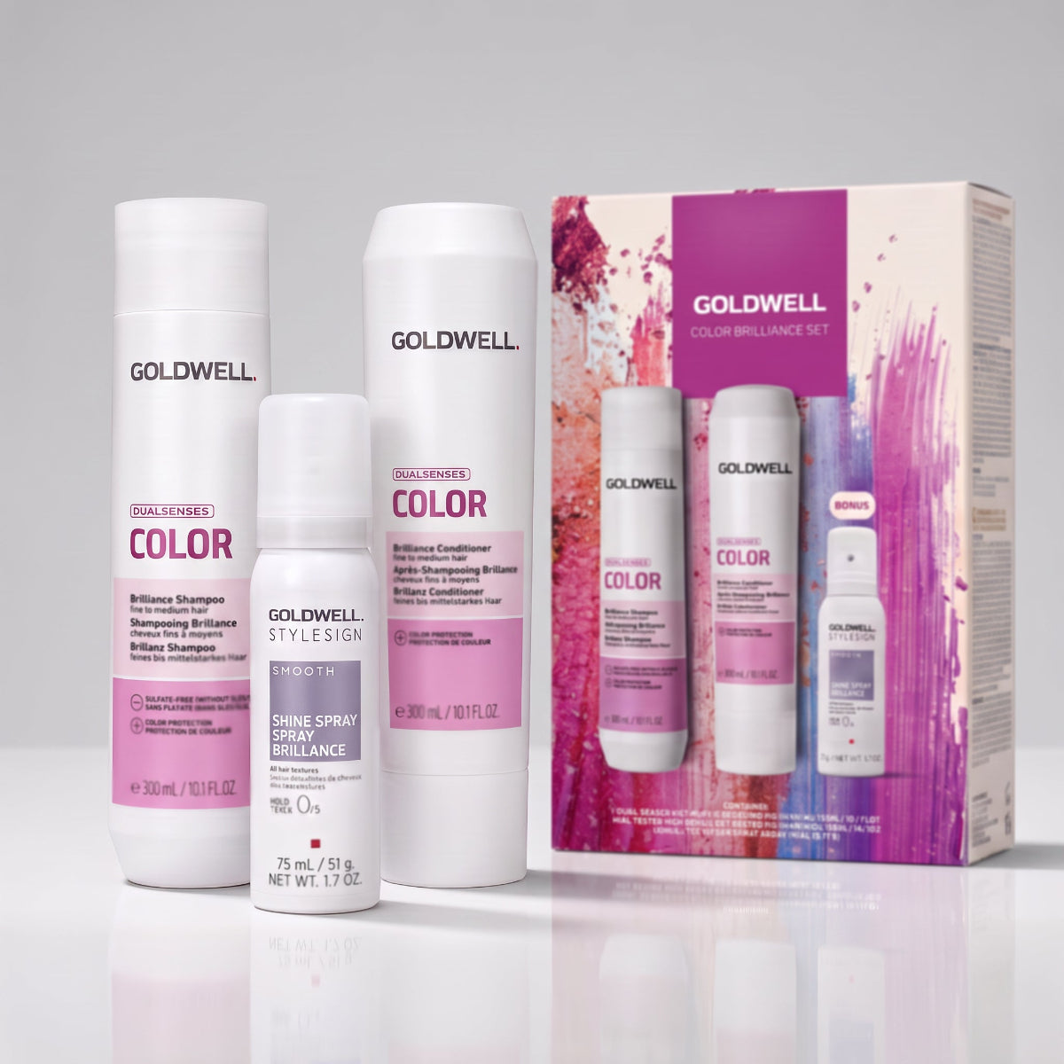 Goldwell Dualsenses Color Brilliance gift set with shampoo conditioner and travel Shine Spray for color treated hair