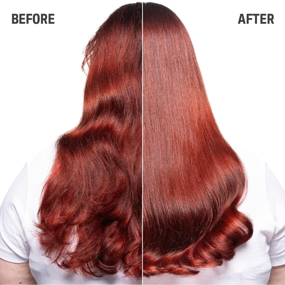 before and after red hair showing enhanced shine and color brilliance with Goldwell Color shampoo