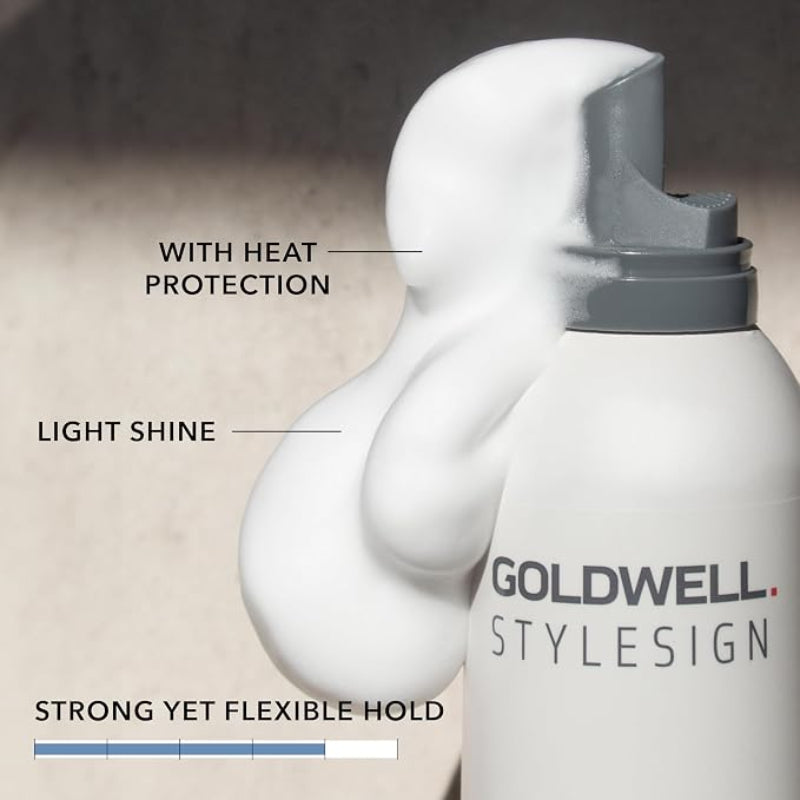 Goldwell StyleSign Bodifying Control Mousse foam texture highlighting heat protection, light shine, and strong flexible hold for voluminous hairstyles