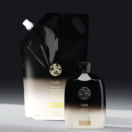 Gold lust refill bag and regular size bottle of shampoo