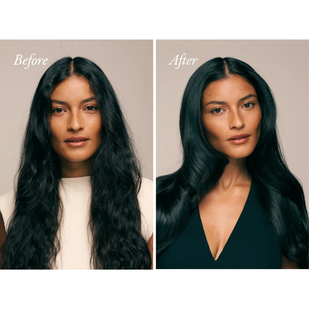 Before and after styling with Oribe Gel Serum for sleek shiny frizz-free hair