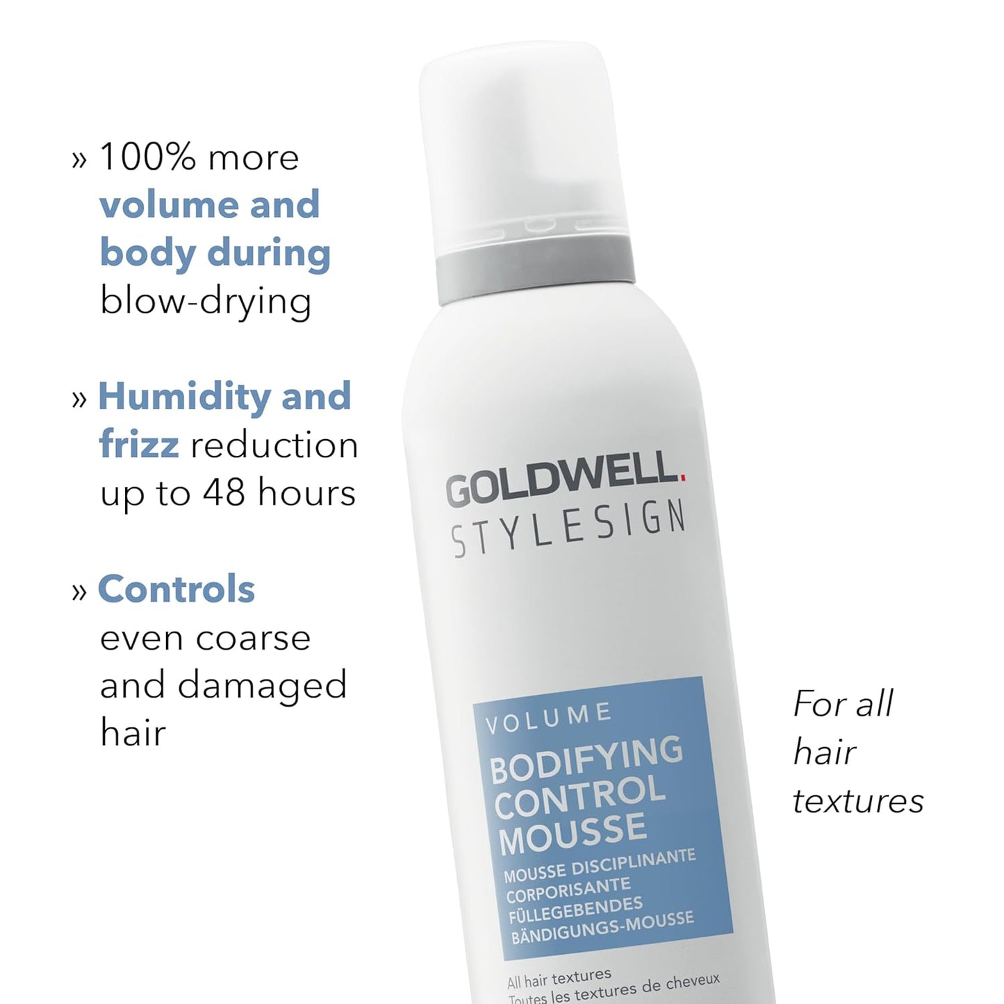 Goldwell StyleSign Bodifying Control Mousse highlighting 100% more volume during blow-drying, humidity protection, and color-safe formula