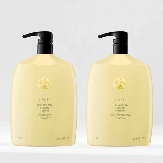 Oribe Hair Alchemy Resilience Shampoo and Conditioner liter set for strengthening weak hair