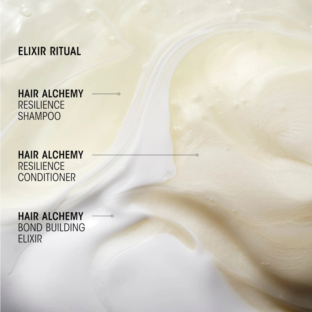 Oribe Hair Alchemy ritual featuring Resilience Shampoo, Resilience Conditioner, and Bond Building Elixir textures for stronger, healthier-looking hair