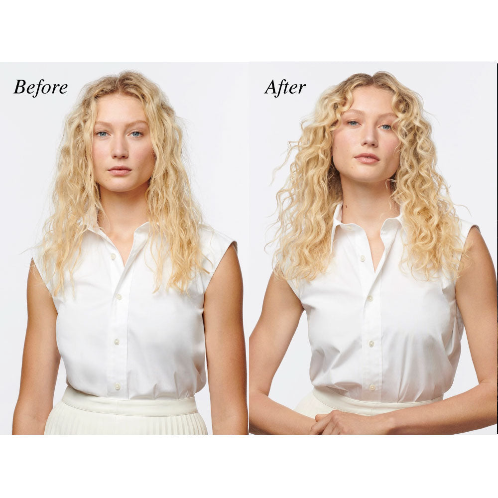 Before and after comparison of a woman who used Oribe Hair Alchemy products