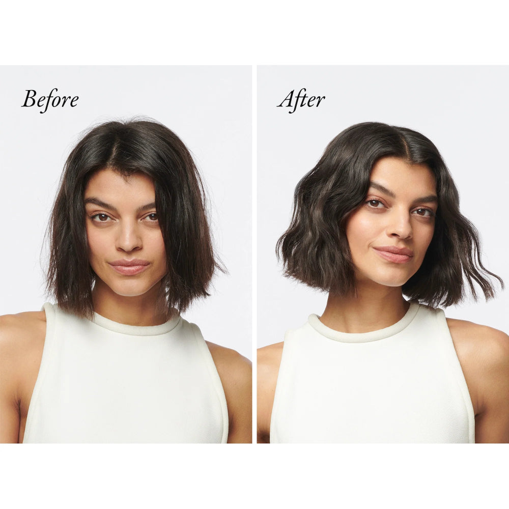 before and after results using heatless styling balm for smooth controlled short hair