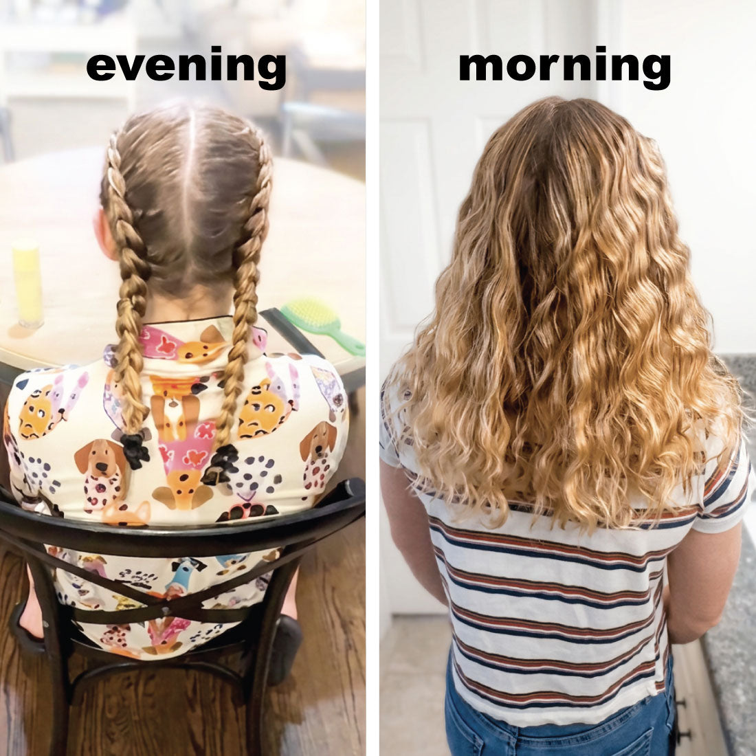 Evening and morning hair results showing heatless waves created with Oribe Hair Alchemy Heatless Styling Balm