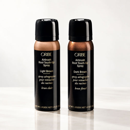 Oribe Airbrush Root Touch-Up Spray in Light Brown and Dark Brown, temporary root concealer sprays for covering gray hair and blending regrowth between color appointments.