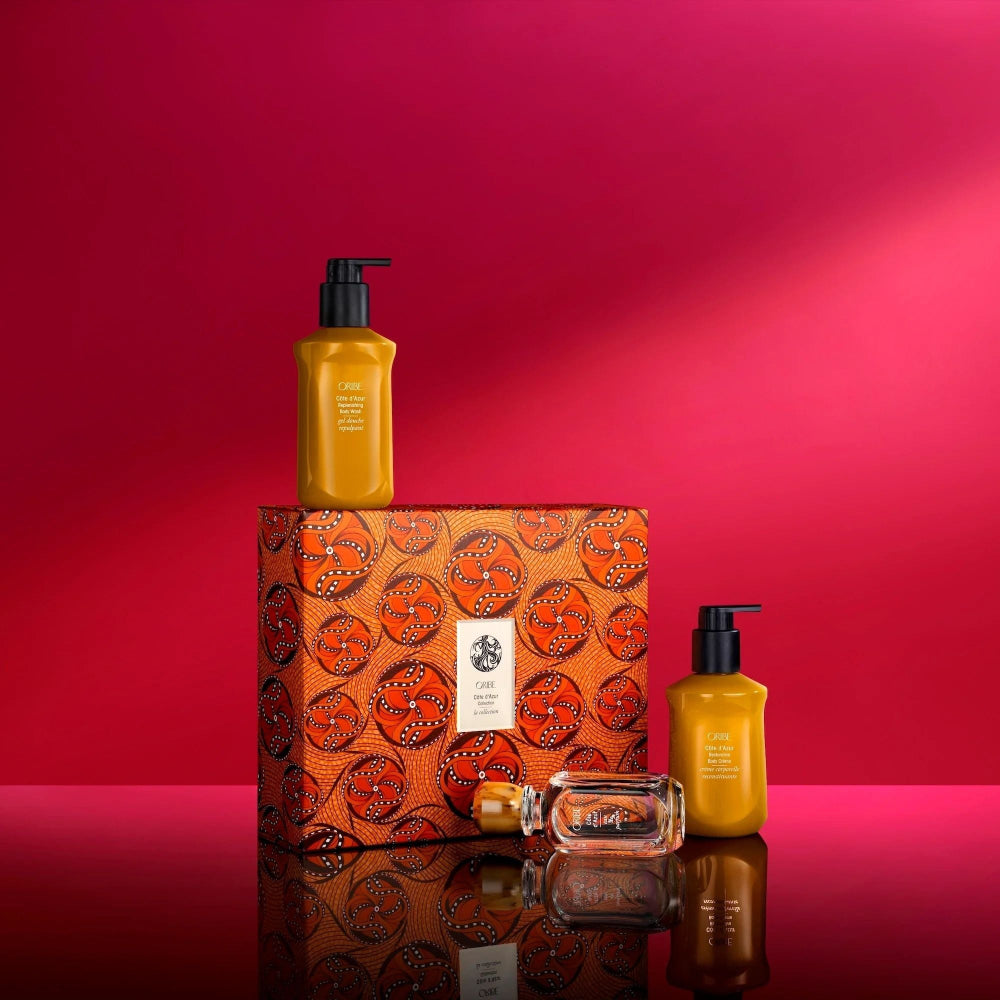 Oribe Côte d’Azur fragrance and body care gift set displayed with luxury packaging