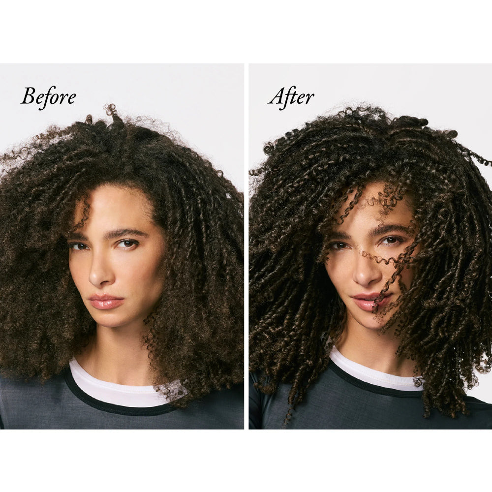 Before and after Oribe Gold Lust Night Creme showing defined hydrated frizz-free curls