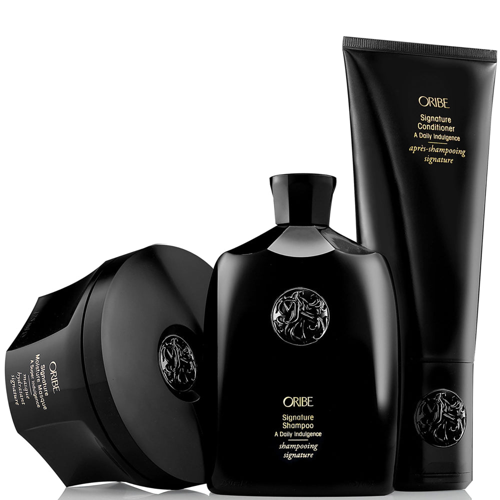 Oribe Signature hair care collection including moisture masque for hydration and shine
