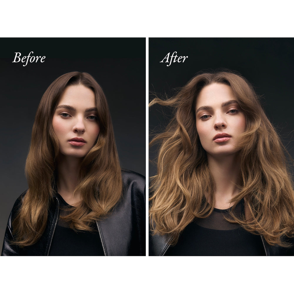 Two images of the same woman. One before using Oribe Signature products and the other after using Oribe Signature collection products