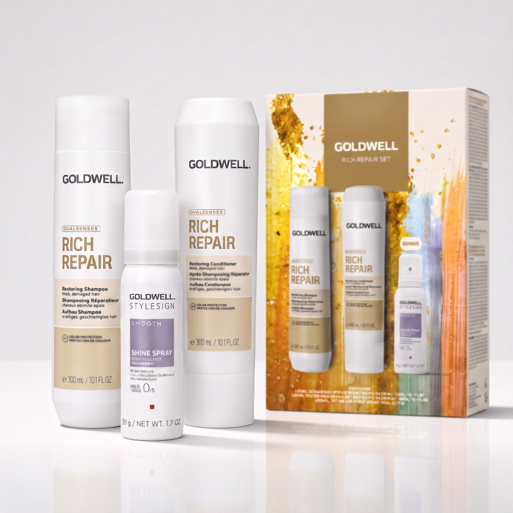 Goldwell Dualsenses Rich Repair gift set with shampoo conditioner and travel Shine Spray for dry damaged hair