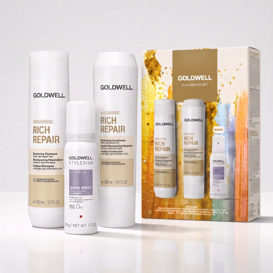 Goldwell Dualsenses Rich Repair gift set with shampoo conditioner and travel Shine Spray for dry damaged hair