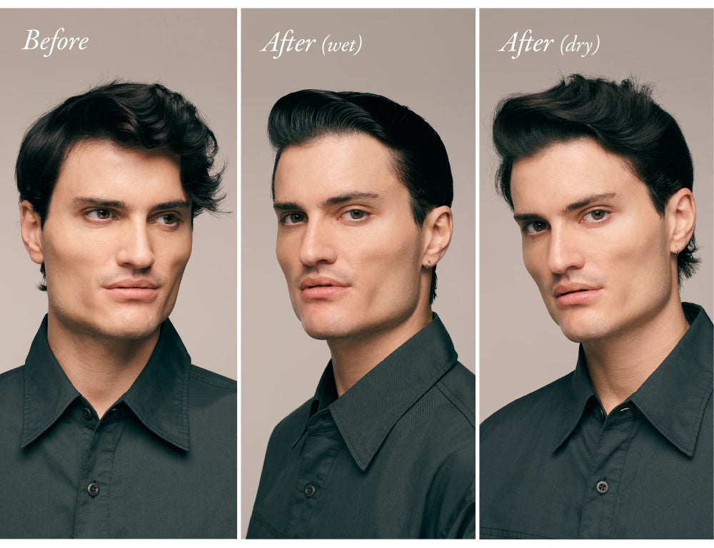 Before and after using Oribe Rock Hard Gel for sleek defined and structured hair