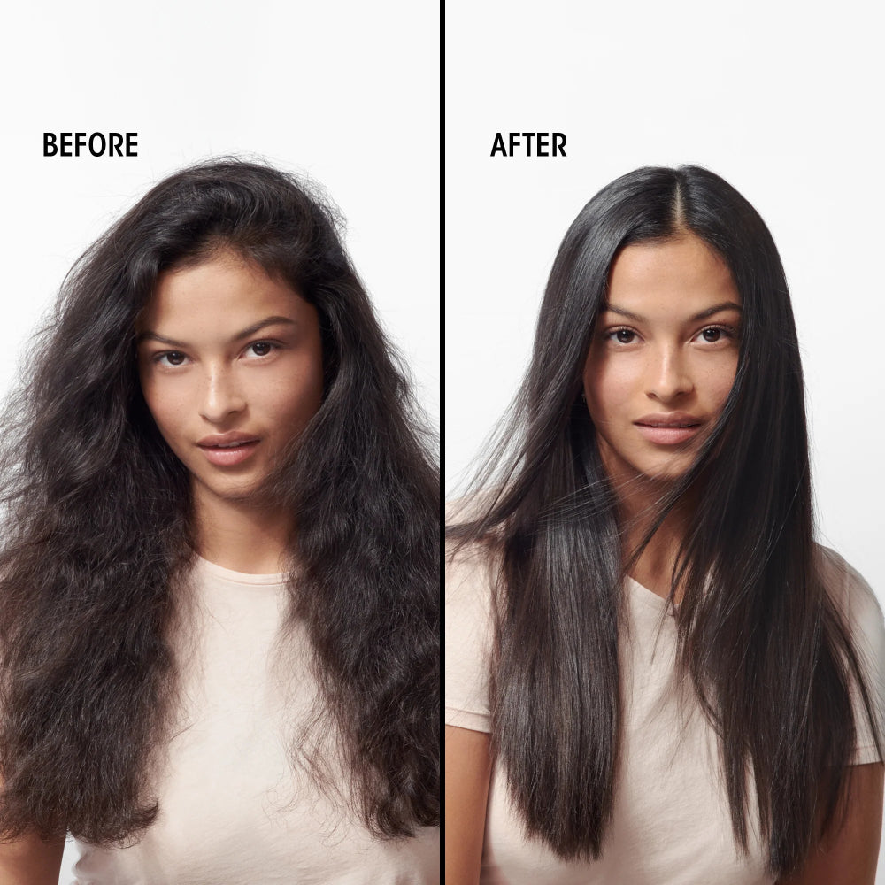 Before and after hair styling comparison showing long brunette hair transformed from frizzy, voluminous texture to a sleek, smooth, shiny blowout.