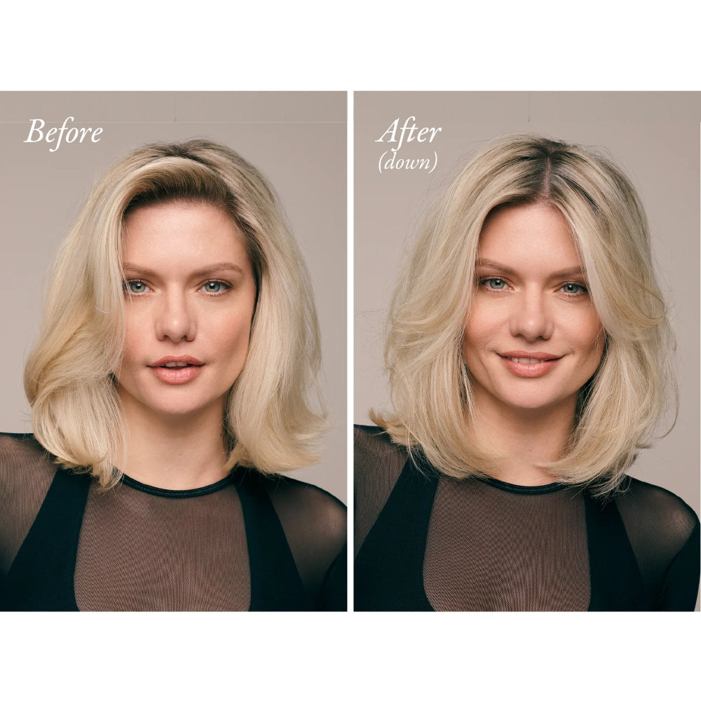 Before and after using Oribe Swept Up Volume Powder Spray for added volume and fullness