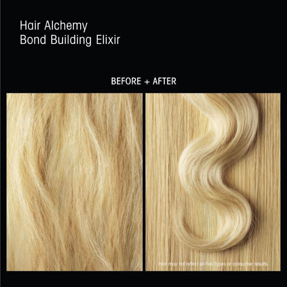 before and after results showing smoother, stronger, shinier hair with Oribe Hair Alchemy Bond Building Elixir