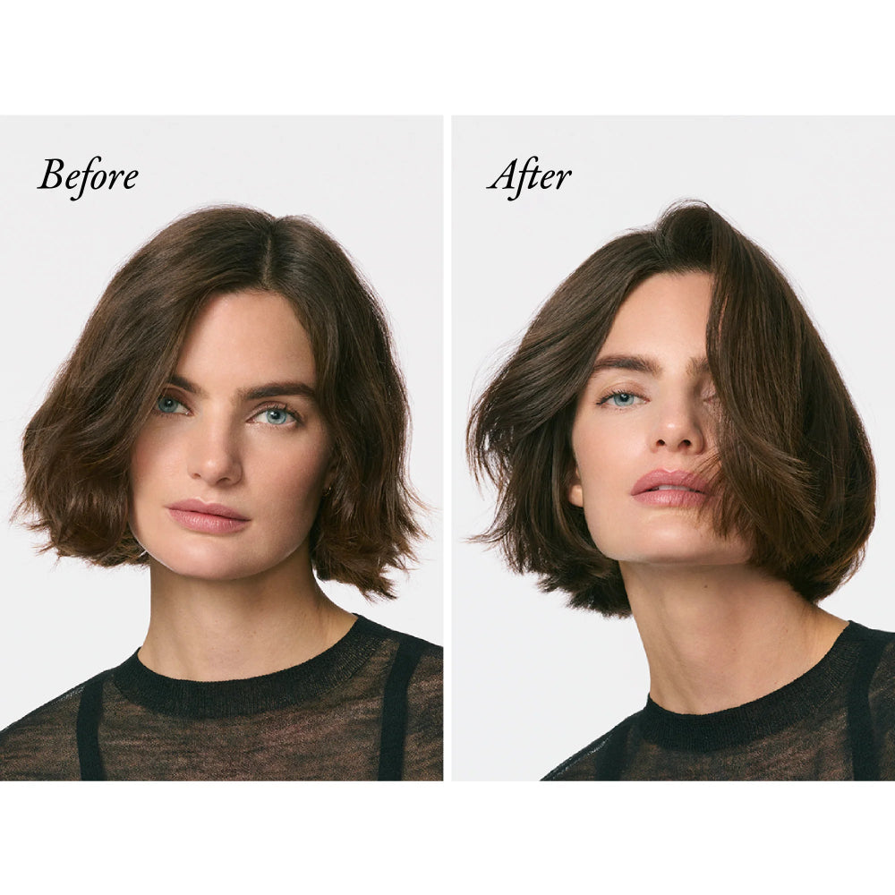 Before and after using Oribe Gold Lust Night Creme for smooth manageable short hair
