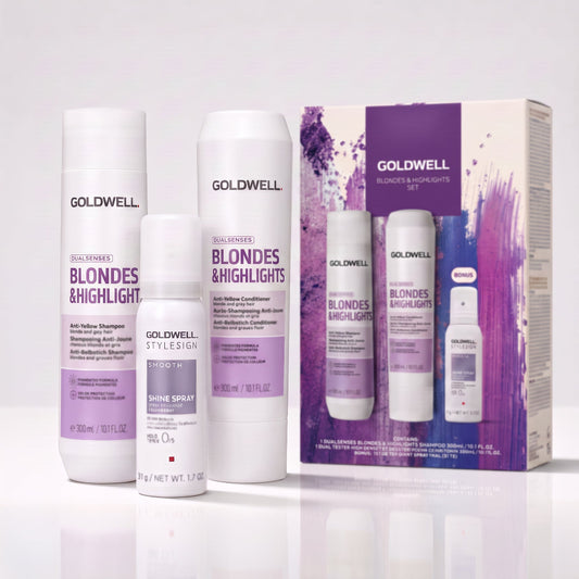 Goldwell Dualsenses Blondes and Highlights gift set with shampoo conditioner and travel Shine Spray for blonde hair