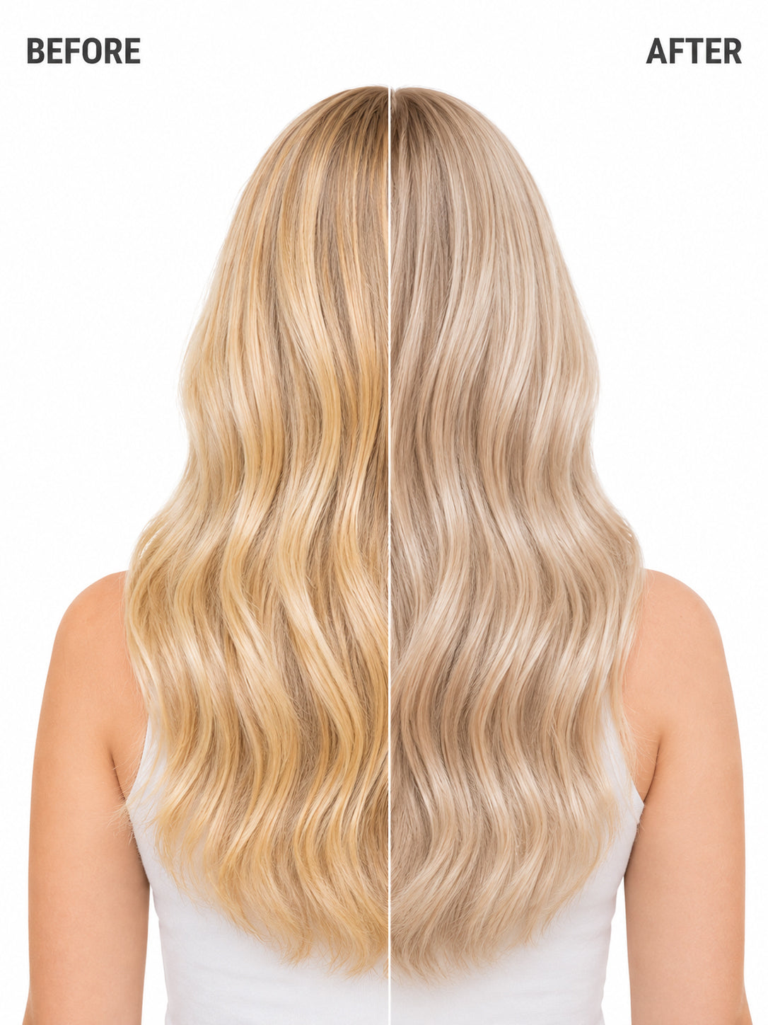before and after blonde hair showing brighter cooler smoother hair with Goldwell Blondes and Highlights