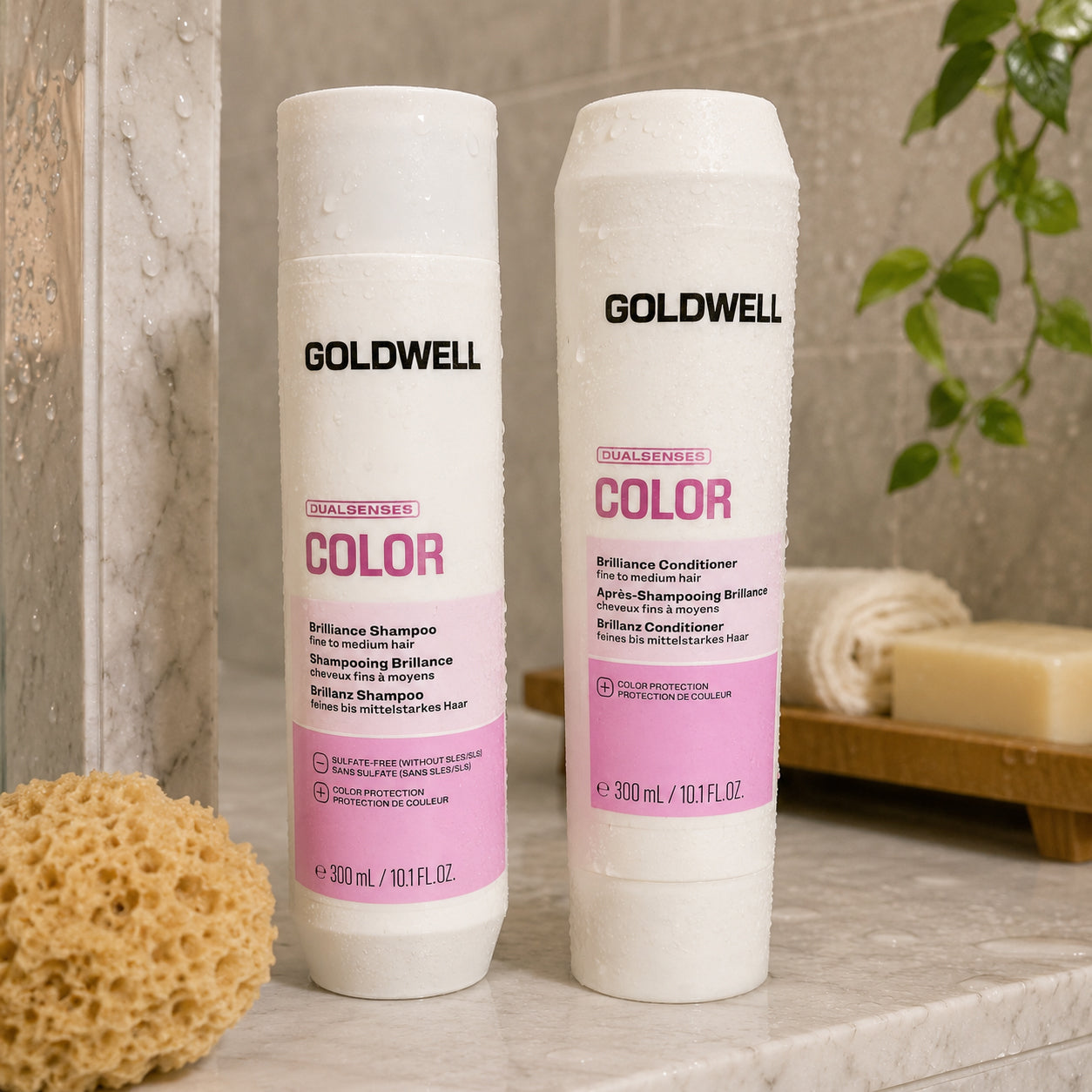 Goldwell Dualsenses Color Brilliance shampoo and conditioner displayed in shower for color care and shine