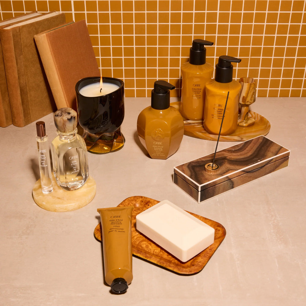 Côte d’Azur luxury body care set arranged on tray with body wash cream and perfume