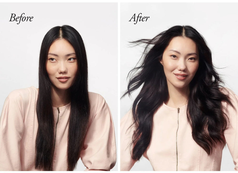 Before and after styling with Oribe Crème for Style for soft smooth and defined hair