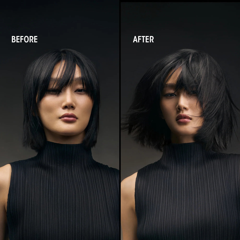 Before and after styling comparison showing short dark hair transformed into a fuller, textured bob with added movement.