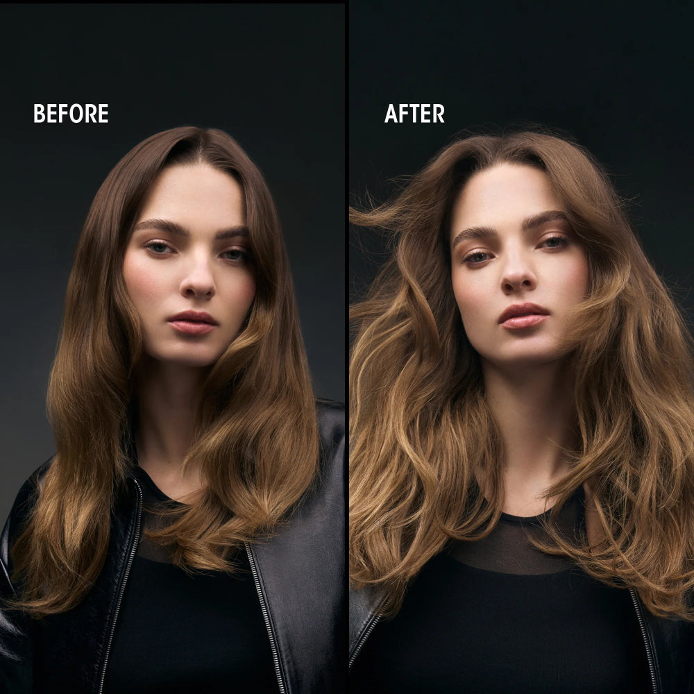 Before and after styling comparison showing long brunette hair with enhanced volume, soft waves, and fuller-looking texture.