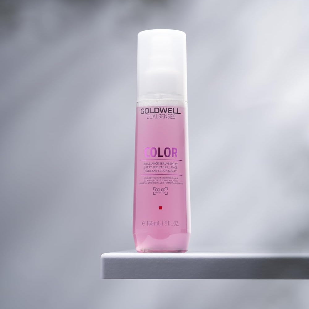 Goldwell Dualsenses Color Brilliance Serum Spray bottle displayed for a salon color care routine