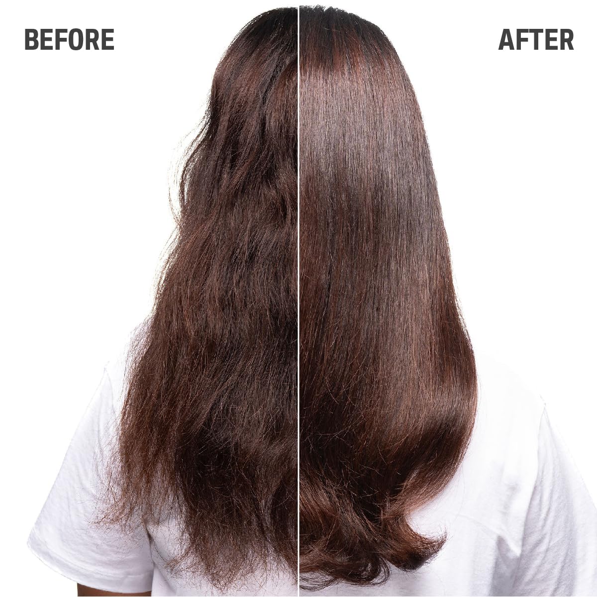 before and after hair showing smoother shinier more radiant brunette hair with Goldwell Color Extra Rich treatment