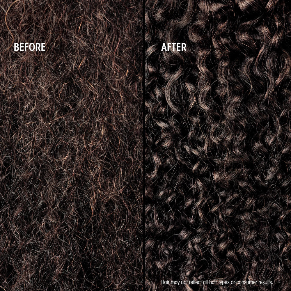 Before and after curly hair showing more defined curls, smoother texture, and reduced frizz with Oribe Hair Alchemy strengthening hair care.