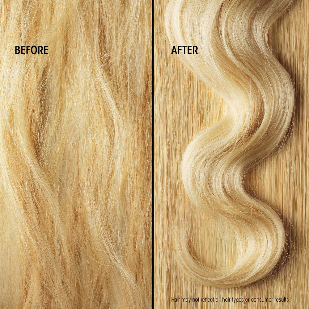 Before and after blonde hair results showing smoother, shinier-looking hair with Oribe Hair Alchemy Bond Building Elixir
