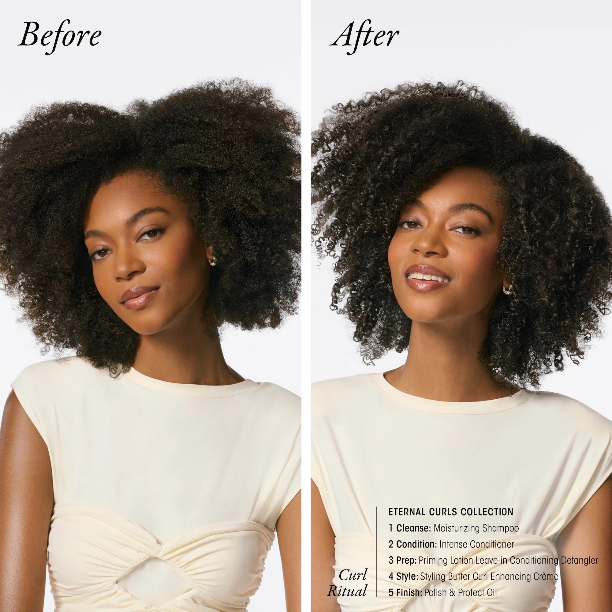 Before and after comparison of a woman's hair with Oribe Eternal curls Polish and Protect oil details on a white background
