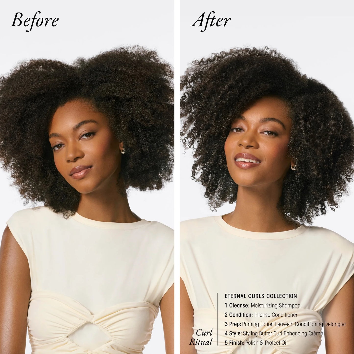 Before and after comparison of a woman's hair with Oribe Eternal curls Polish and Protect oil details on a white background