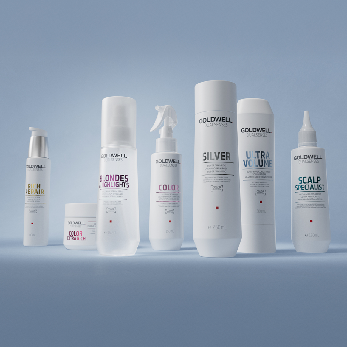 Goldwell hair care products on a light blue background