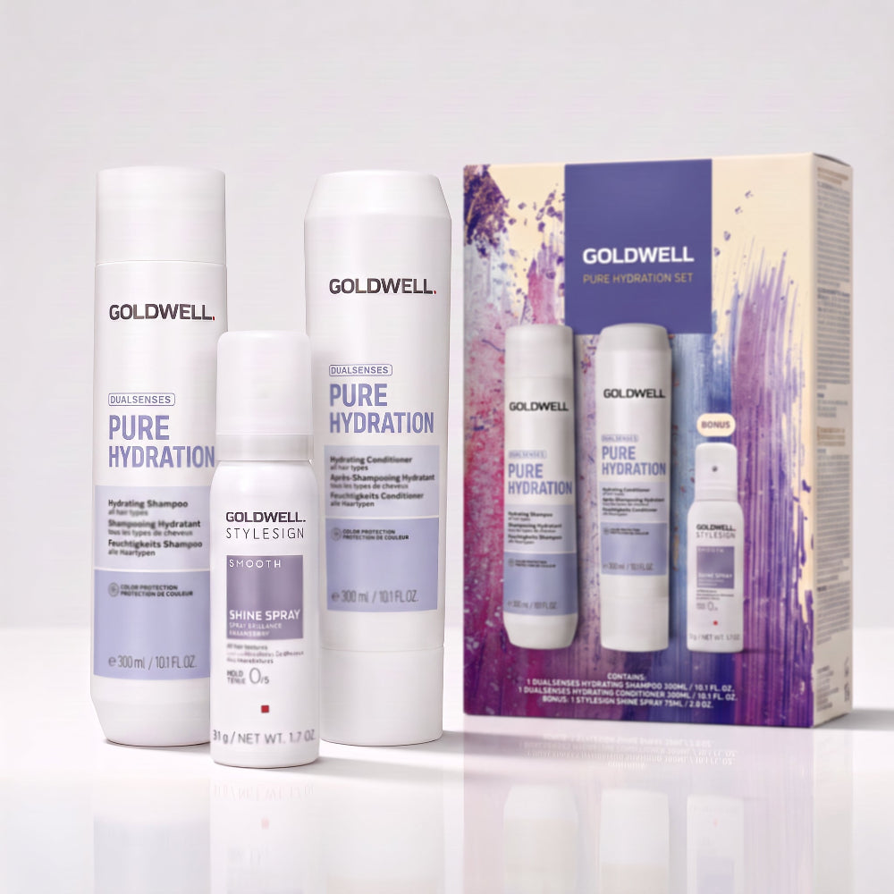 Goldwell Dualsenses Pure Hydration gift set with shampoo conditioner and travel Shine Spray for dry hair