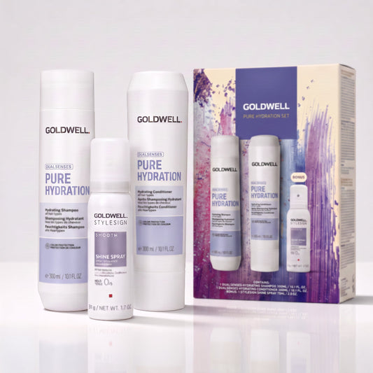 Goldwell Dualsenses Pure Hydration gift set with shampoo conditioner and travel Shine Spray for dry hair