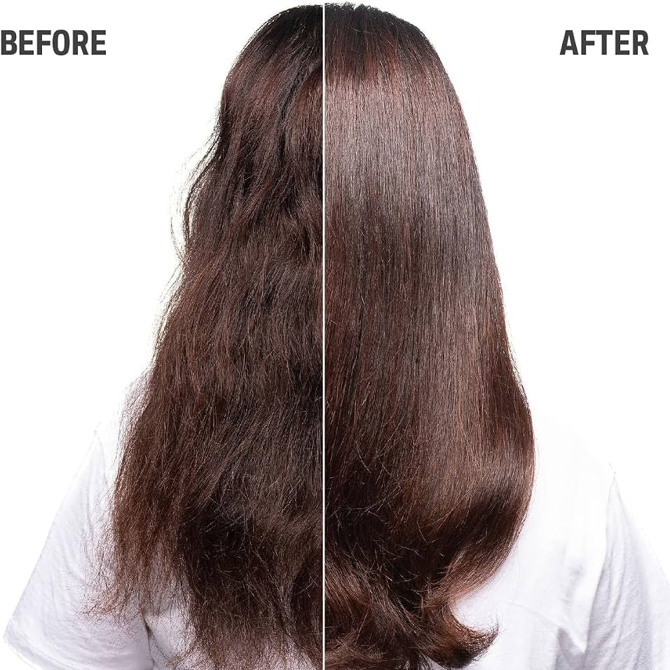 Before and after comparison of a person who used Goldwell Dualsenses Pure Hydration, showing frizzy, dry hair on the left and smooth, shiny hair on the right, with the text 'BEFORE' and 'AFTER' on a white background.
