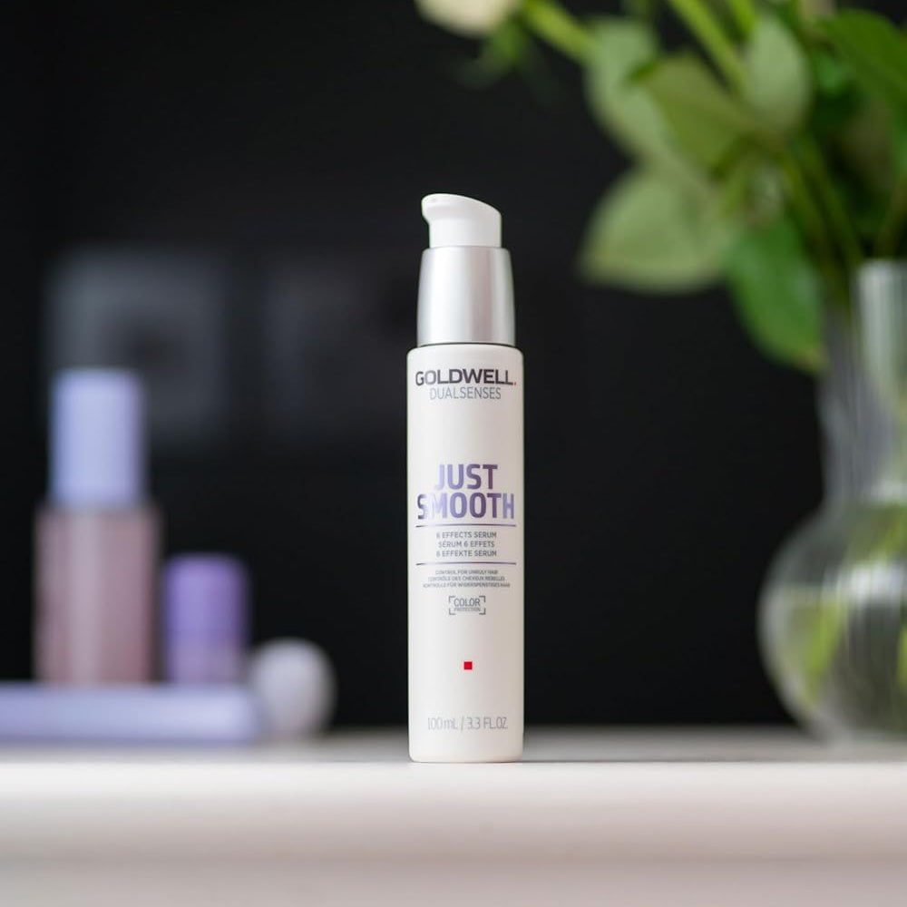 Goldwell Just Smooth 6 Effects Serum bottle displayed for a daily anti frizz smoothing hair routine
