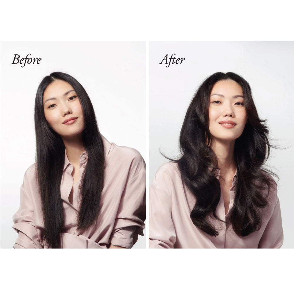 Before and after comparison of a woman who used Oribe Magnificent Volume Collection products to boost volume and fullness