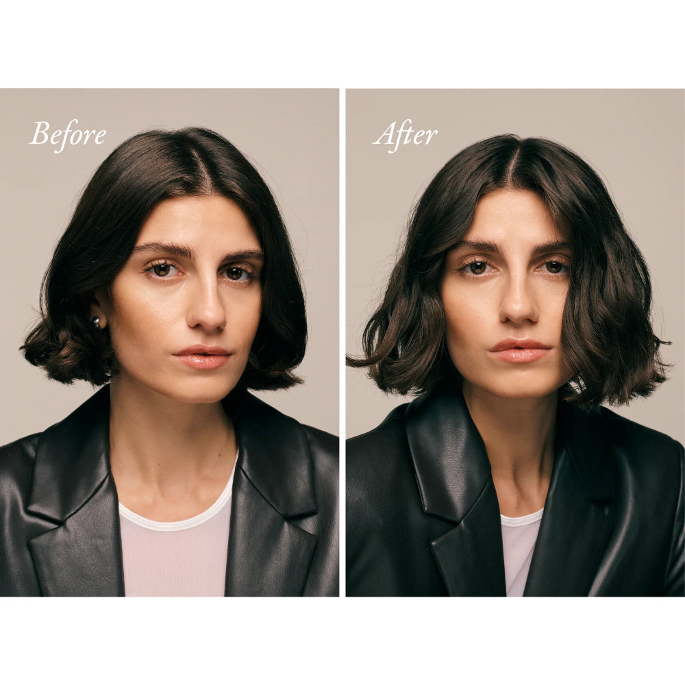 Before and after using Oribe Matte Waves lotion for defined beachy waves and texture